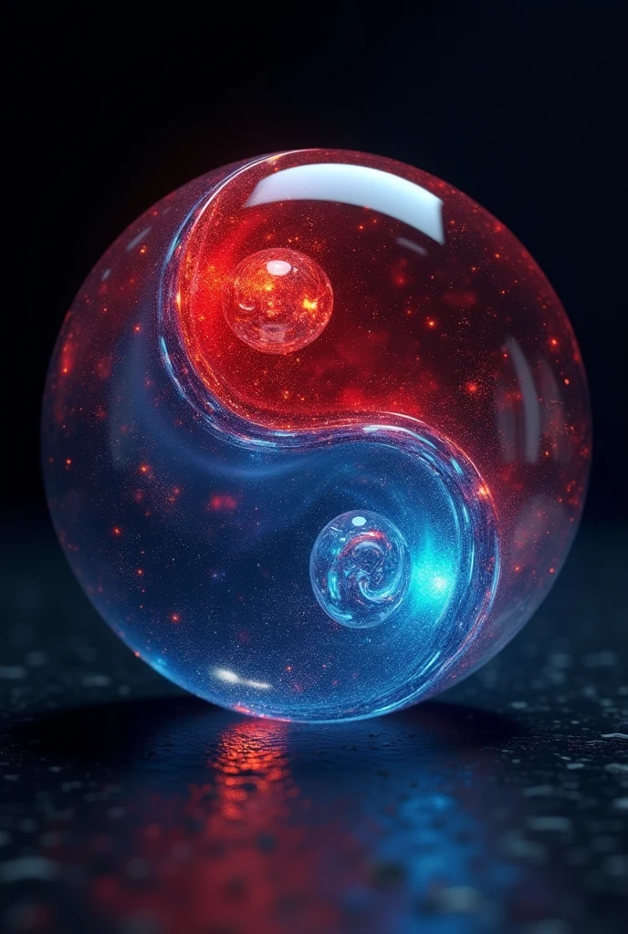 Realistic, ying-yang stone, crystal, red and blue, black background