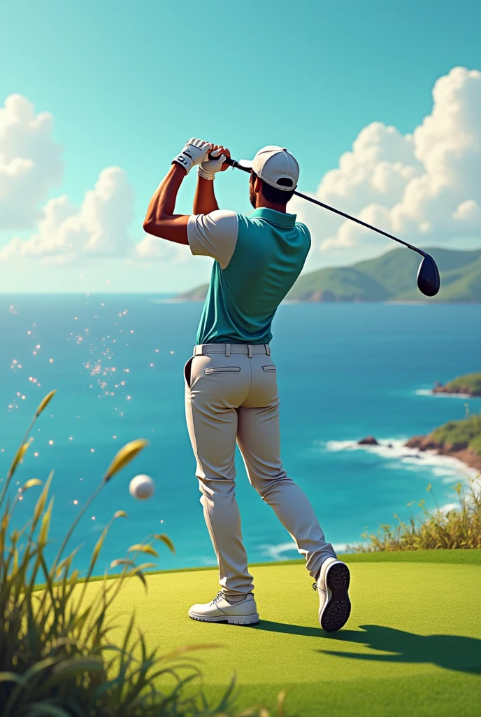 golf、Tee Grand、driver、Full swing、spark、Lefty、Downward Strike、You can see the ocean、male(Details)、clothing(Flashy)