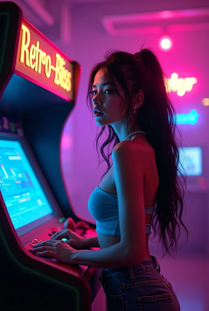 Sensual Woman Playing Arcade Machine 80s Retrowave Background Written Name Retro-Bliss Legacy