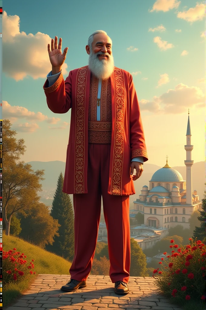 "Create a portrait of Sultan Kösen smiling and waving, with a background of his native Turkey, to convey his resilience and positivity despite his condition."