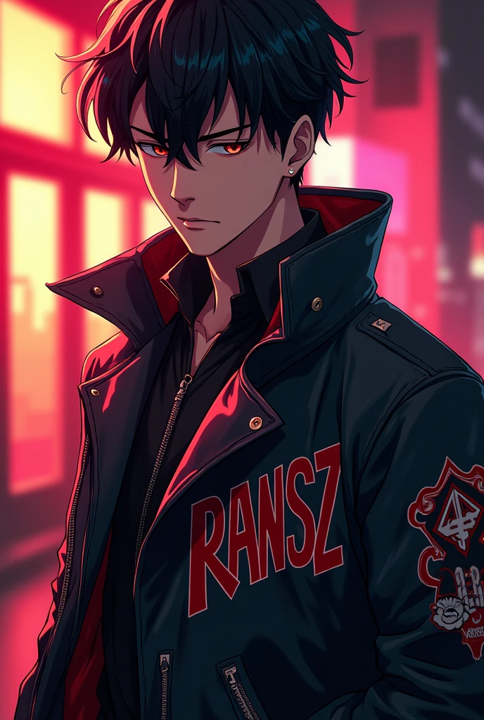 Anime young mafia boss wearing a jacket with ransz written on it