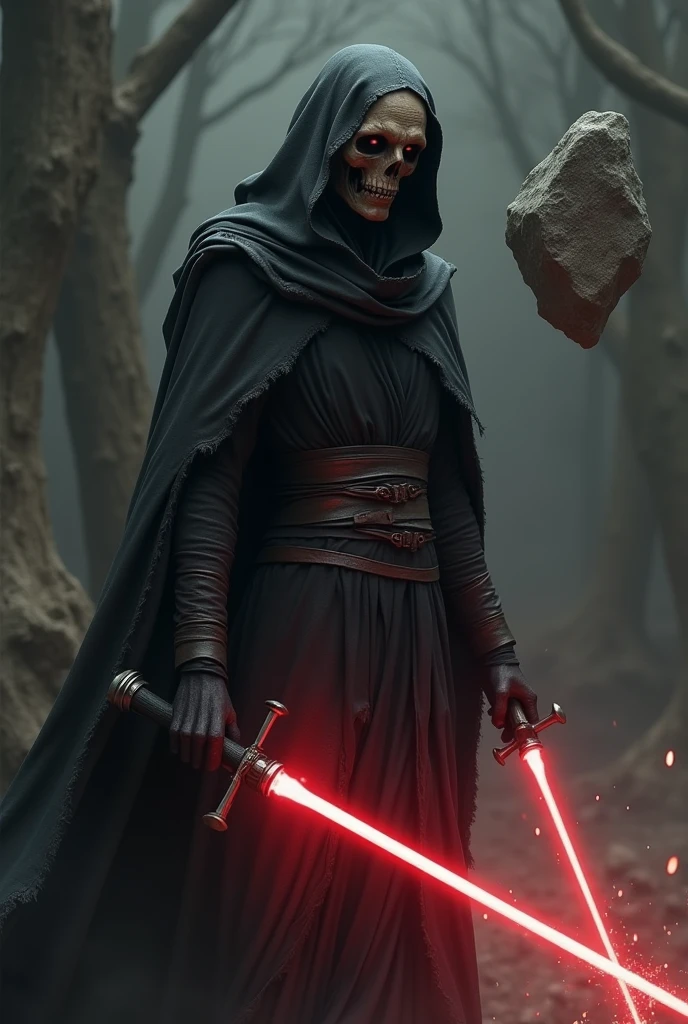 A Sith from Star Wars, thin brown gray skin, a stone is floating in the , black cloak with hood, dark atmosphere, scary, frightening, red lightsaber, ultra realistic