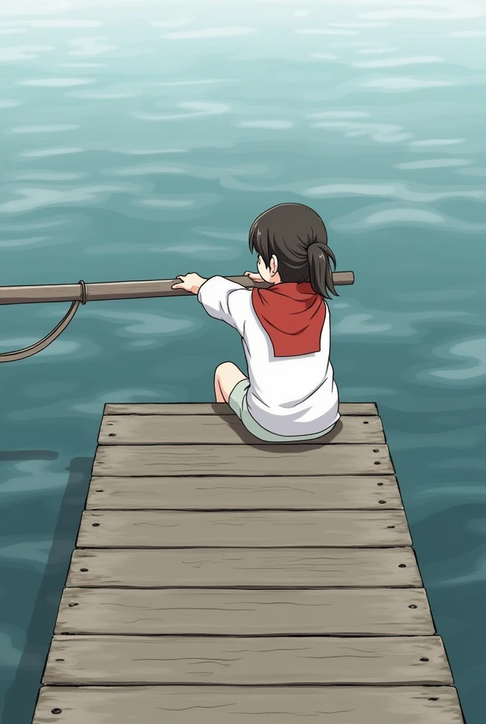   sitting facing forward wearing a red scarf, and a white poncho, pulling a pole on a dock 