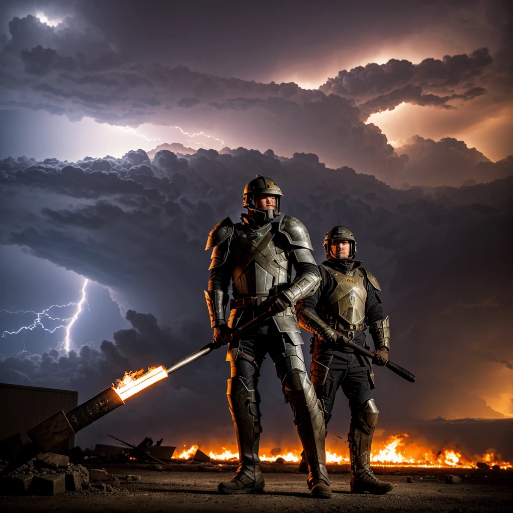 One  armored Fighter holds a 
 sledgehammer in his hands, a warg at his side ,burning city in background during thunderstorm , Portrait 