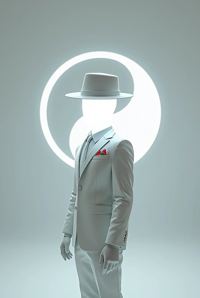 A man wears, white fedora hat with red small ribbon on the side of the hat, white glove, white suit, white glowing face, faceless, yin and yang symbol on behind, roblox, right view, void head