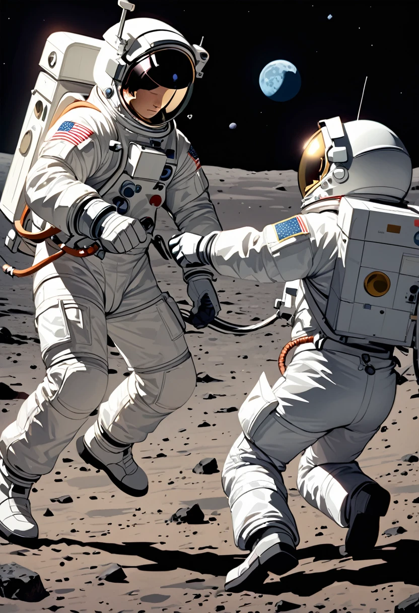 (masterpiece, best quality),(two astronauts fist fighting), fighting,fighting pose,1969 moon landing video, moon surface, Apollo 11, lo-fi,"Rocket Fuel" MV,