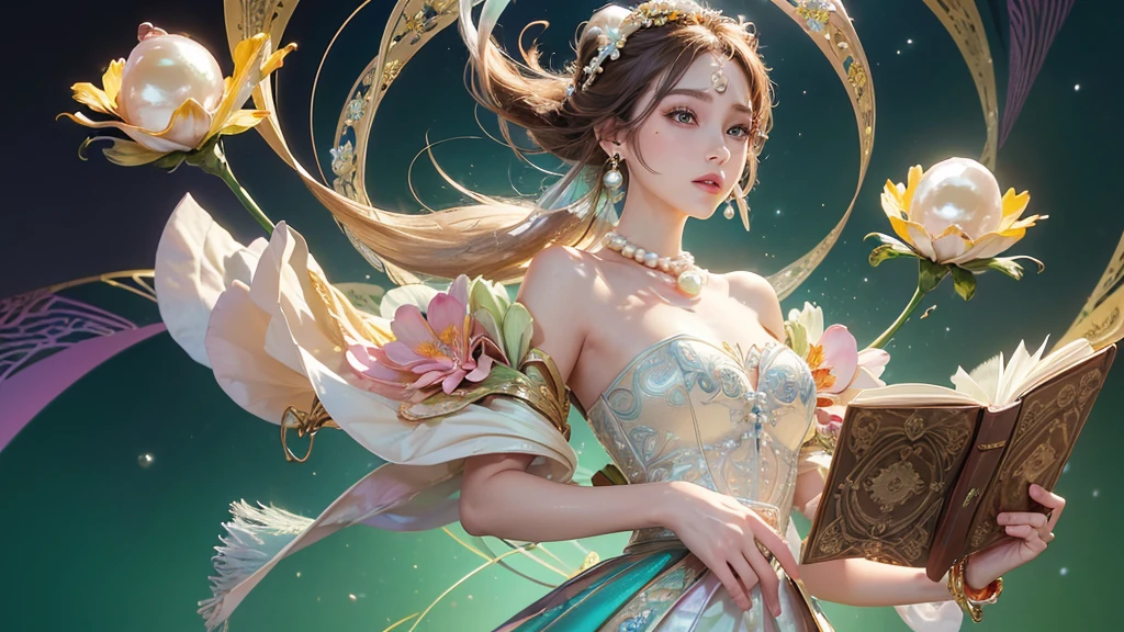 32K, 最高quality, 最高masterpiece, (ultra-Detailed Background, Detailed Background), High resolution, Super detailed, Very detailedな, 1 personの, (bouquet:1.3), (Tangled:1.2), (Geometric:1.2),(colorful),(masterpiece, quality, best quality, Official Art, Beautiful and beautiful:1.2), (1 person:1.3), Very detailed,(colorful:1.1)(Flowers:1.3),Most detailed,(Tangled:1.2), whole body, (Abstract background:1.3), (Skin glows), (Many colors:1.4), ,(Earrings Pearl:1.5), Pale yellow-green background, It's imaginative., Brunette Hair, Updo, Holding a book, Holding a pen, Satin shirt