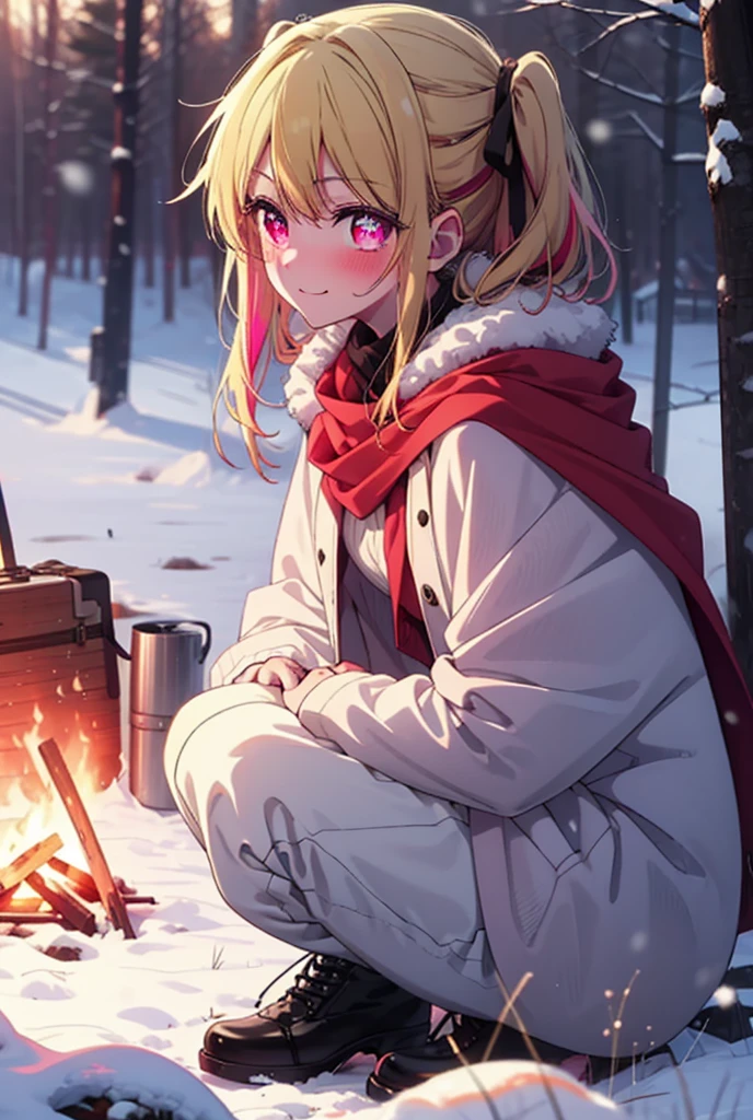 rubyhoshino, Hoshino Ruby, Long Hair, bangs, blonde, (Pink Eyes:1.3), Side Lock, (Symbol-shaped pupil:1.5), Multicolored Hair, Two-tone hair, smile,,smile,blush,white breath,
Open your mouth,snow,Ground bonfire, Outdoor, boots, snowing, From the side, wood, suitcase, Cape, Blurred, , forest, White handbag, nature, Squat, Mouth closed, Cape, winter, Written boundary depth, Black shoes, red Cape break looking at viewer, Upper Body, whole body, break Outdoor, forest, nature, break (masterpiece:1.2), Highest quality, High resolution, unity 8k wallpaper, (shape:0.8), (Beautiful and beautiful eyes:1.6), Highly detailed face, Perfect lighting, Highly detailed CG, (Perfect hands, Perfect Anatomy),