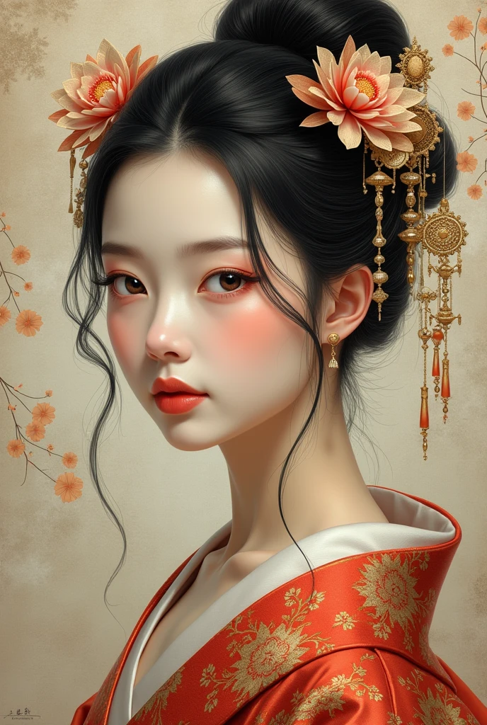 A beautiful detailed Japanese woman, delicate and intricate, high quality, high resolution, ultra-detailed, best quality, photorealistic, masterpiece, deep and nuanced description, exquisite colors, lithograph style