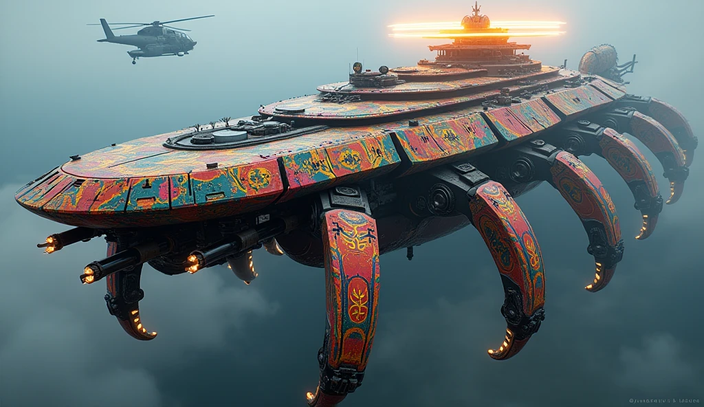A long wide giant heavily armored divine futuristic flying all terrain biomechanical space battlecruiser, covered in rainbow batik pattern and glowing javanese runic symbols, multiple retractable cybernetic spider legs with wheels on the tip, divine halo, flying hovercraft, flying submarine, flying aircraft carrier, flying hotel, flying resort, flying city, flying skyscraper, flying cruise ship, flying yacht, flying castle, flying military base, multiple thrusters, multiple helipad, multiple propeller, mobile headquarters, mobile command center, automatic turrets, missile banks, missile defense system, multi-port rear engine arrays, large pivoted missile pods, anti-air batteries, reactive armour over vital spaces, VTOL thrusters, ventral ground-facing VTOL thruster bays, retractable center cannon, super carrier, sky carrier, space station, floating city, floating castle, white background