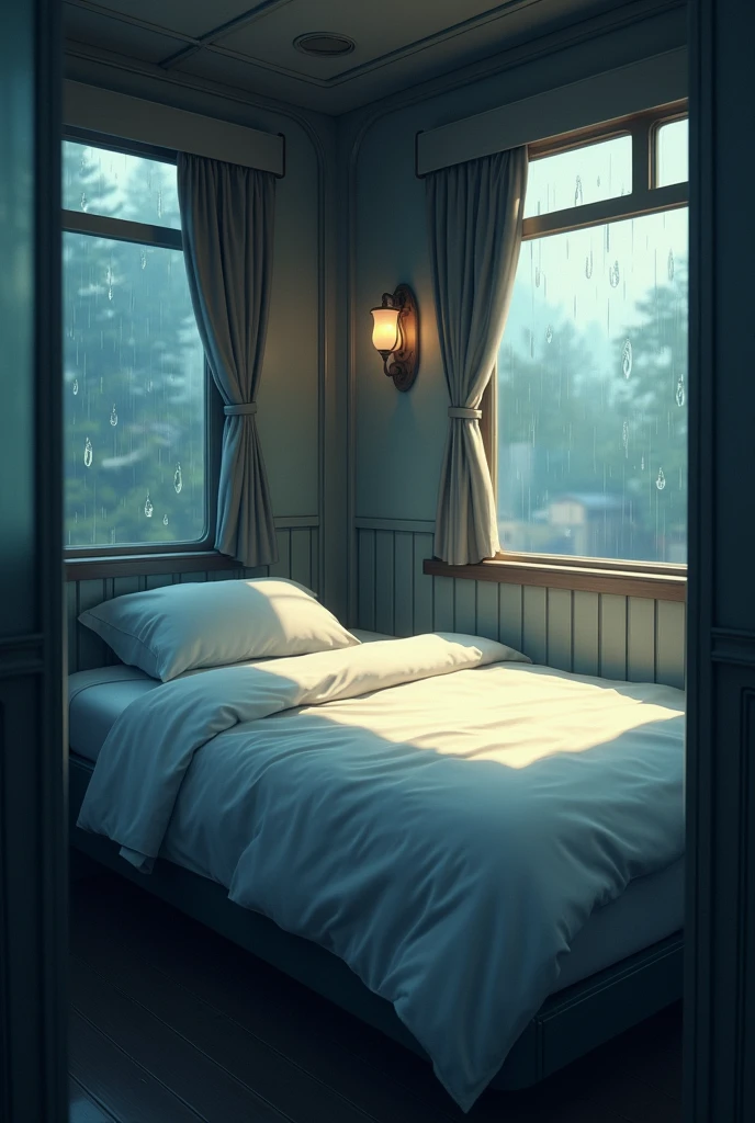 A normal empty bed in train with rain