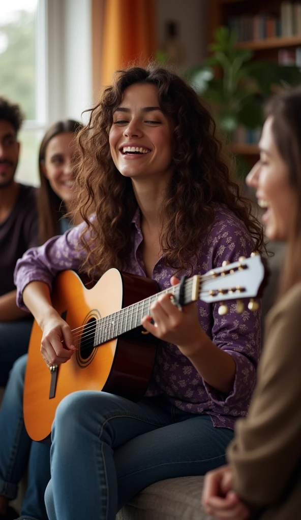 Maximum quality.. one foto hiper realística, one  (Brunette with curly hair) She wears jeans (clear) social shirt (purple floral) ela esta segurando um violão e cantando no sofa da sala e seus amigos contemplando - foto real - cores e contrastes e nitidez de one.photograph size 9:16 ( perfection in intricate details)