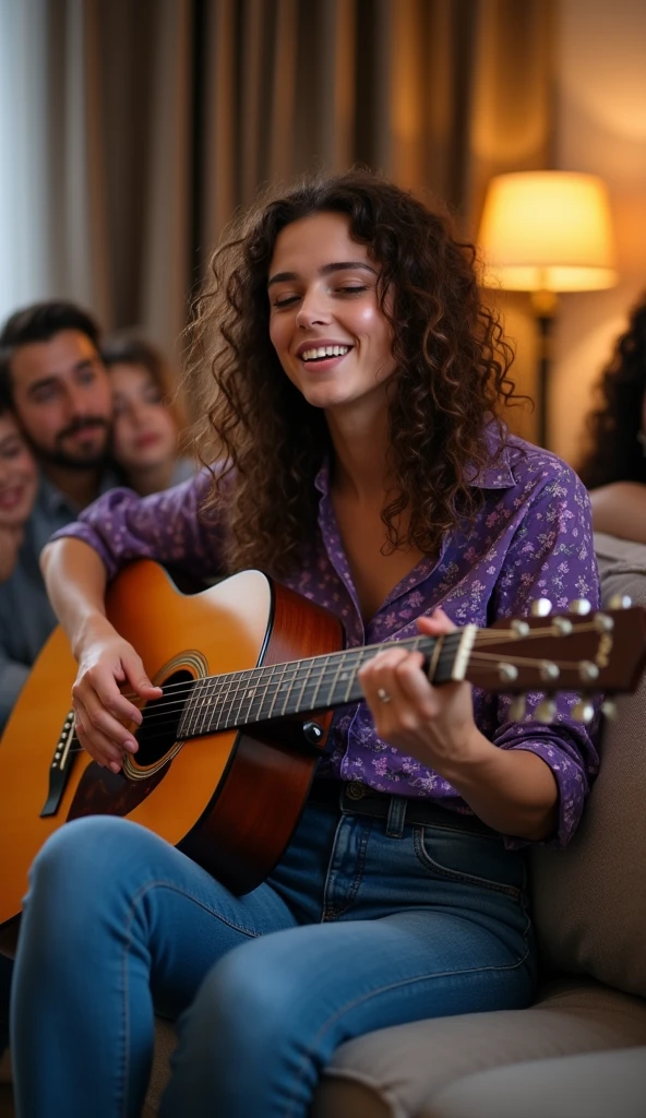Maximum quality.. one foto hiper realística, one (Brunette with curly hair) She wears jeans (clear) social shirt (purple floral) ela esta segurando um violão e cantando no sofa da sala e seus amigos contemplando - foto real - cores e contrastes e nitidez de one.photograph size 9:16 ( perfection in intricate details)