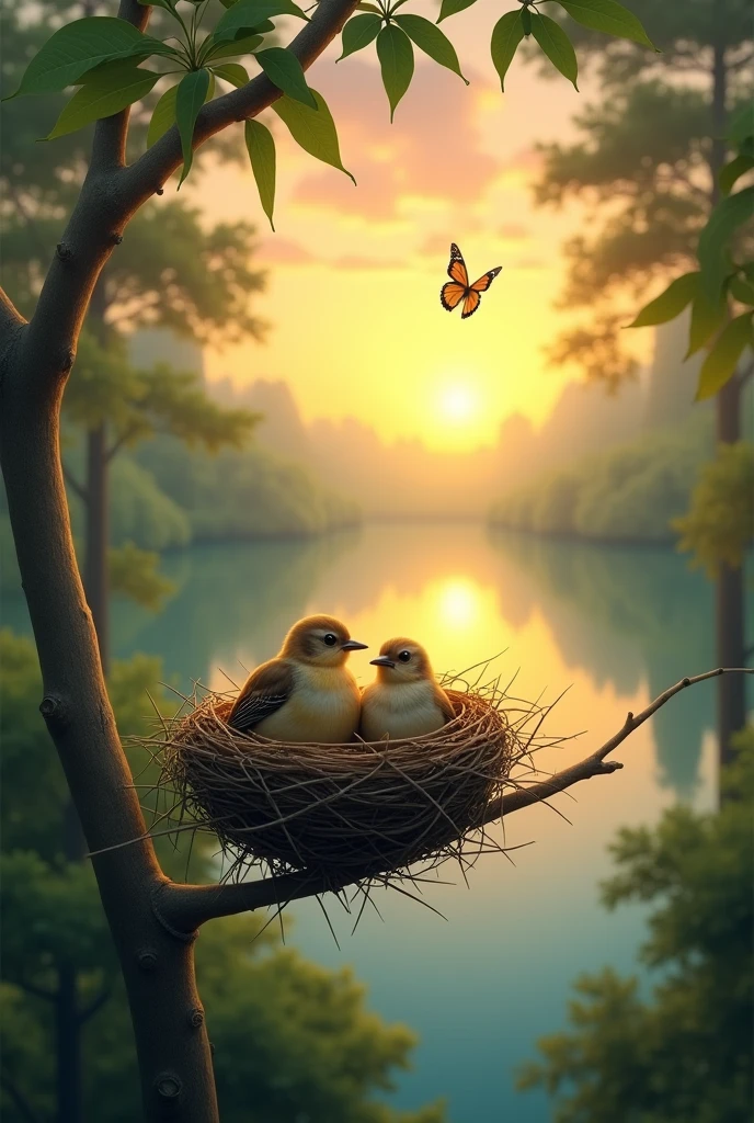Two small birds in the open nest,nest live on the small tree, tree positioning in the forest with side of lake and sunrise with in the sky butterfly flying.watch this image look like far distance