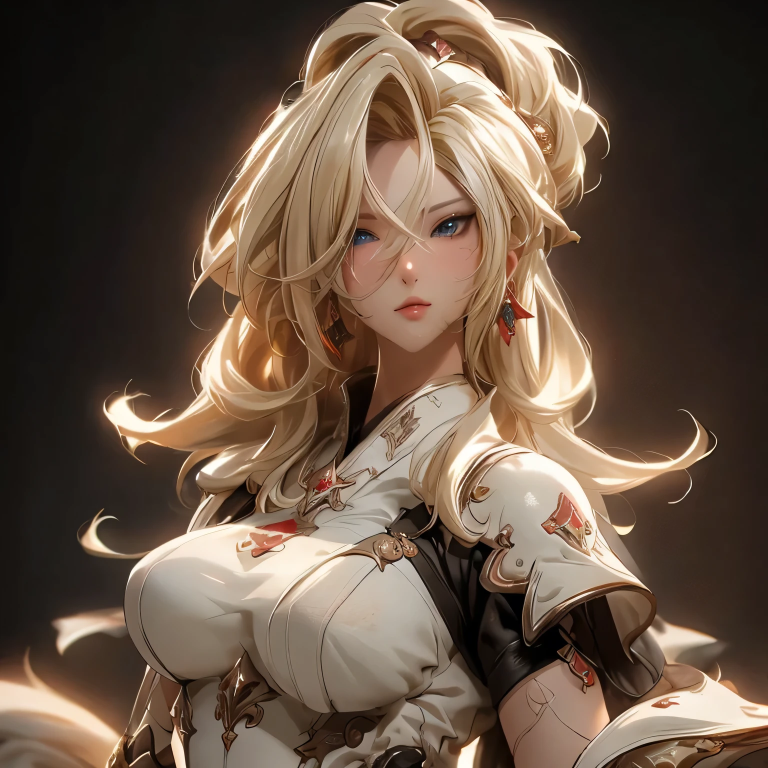 (best quality)), ((Masterpiece)), (details:1.4), 3d, HDR (high dynamic range), an image of a beautiful cyberpunk female, Blonde hair, High Ponytails, Sleek Style, Red eyes, hips up, จมูกโด่ง, ปากแดง, หน้าอกใหญ่, nvidia RTX, PBR surface, After processing, Anisotropic filtration,depth of field, Maximum clarity and clarity, multi-layered surface, Subsurface scattering, perfect proportions, 8K raw files, ultra detailed, Perfect proportions, volumetric lighting, soft lighting, Holy Knight, Heavy Armor, glossy skin, intricate silver embroidery, gorgeous, intricate grey background, strong back lighting, jewely, ต่างหู, นิ้วมือสมบูรณ์, กระโปรงสั้น