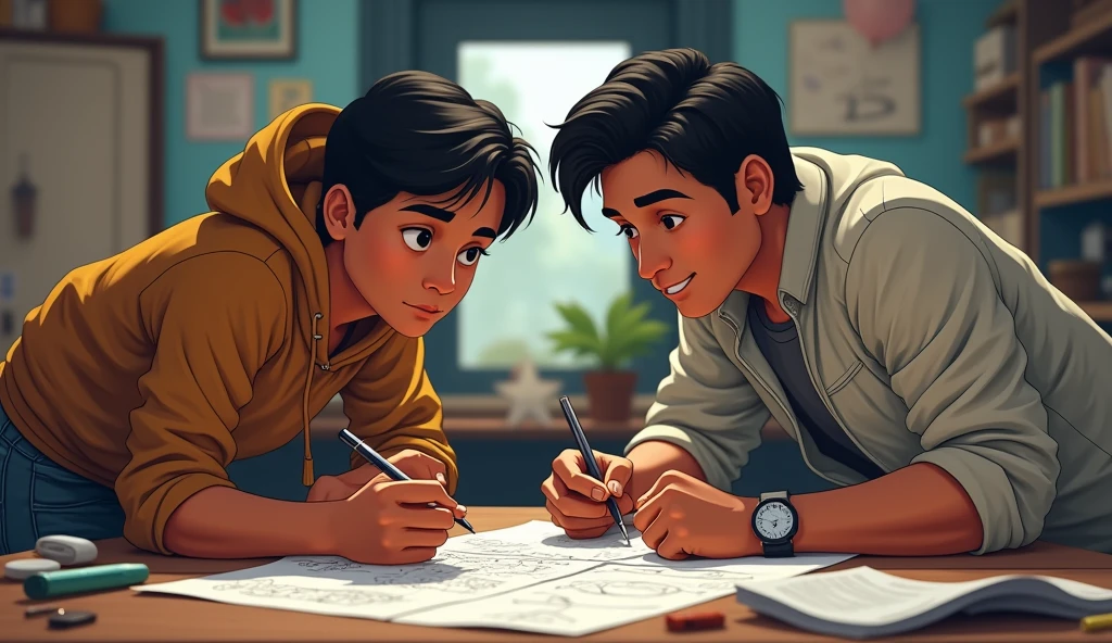 Depict Vijay and his friend in a small office or a garage, brainstorming ideas, with determination and hope in their faces.
