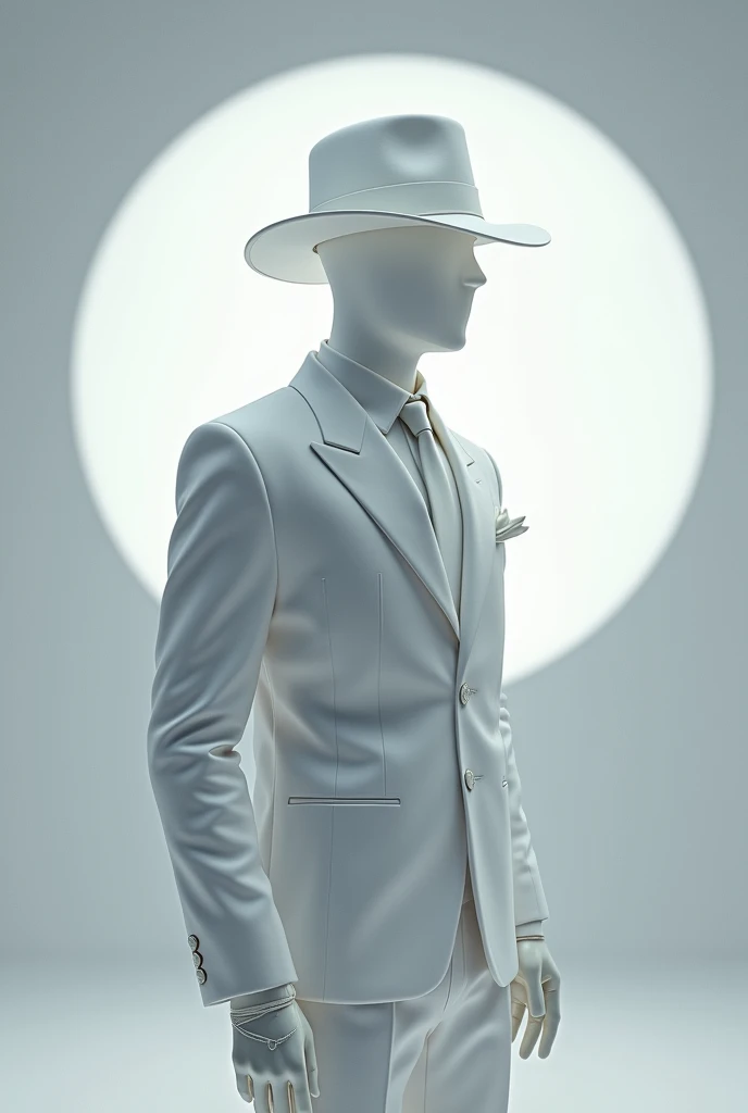 A man wears, white fedora hat with red small ribbon on the side of the hat, white glove, white suit, white glowing face, faceless, yin and yang symbol on behind, roblox, right view, void head