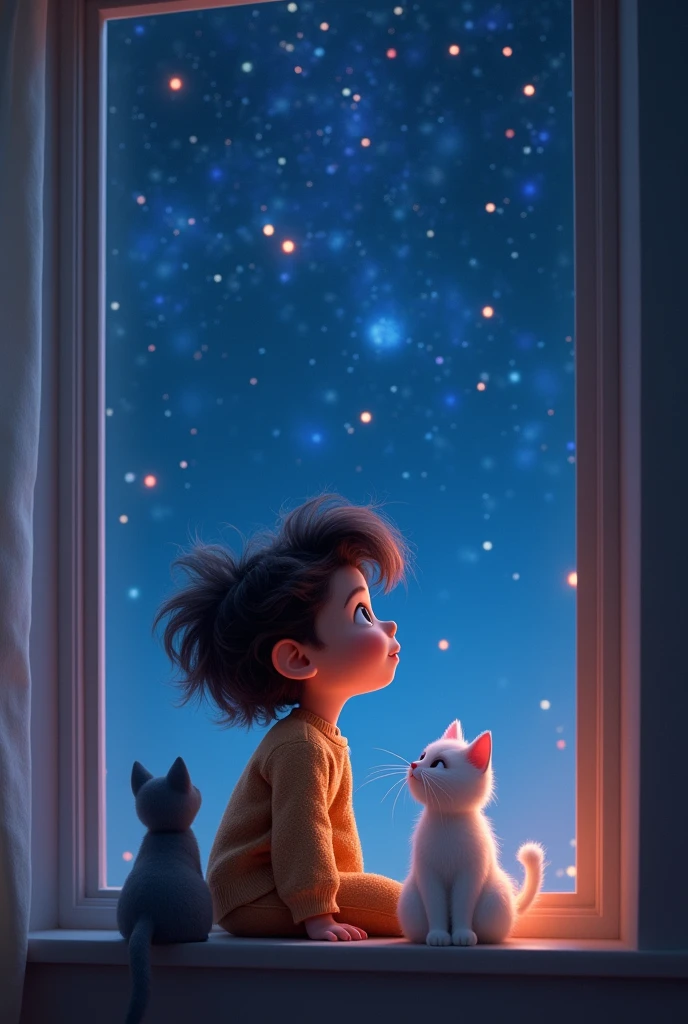 Withe a 3d pixar animation, A night scene where a big hair girl sitting on the window side with a grey cat and a white cat and looking on the sky where is full of stars.
