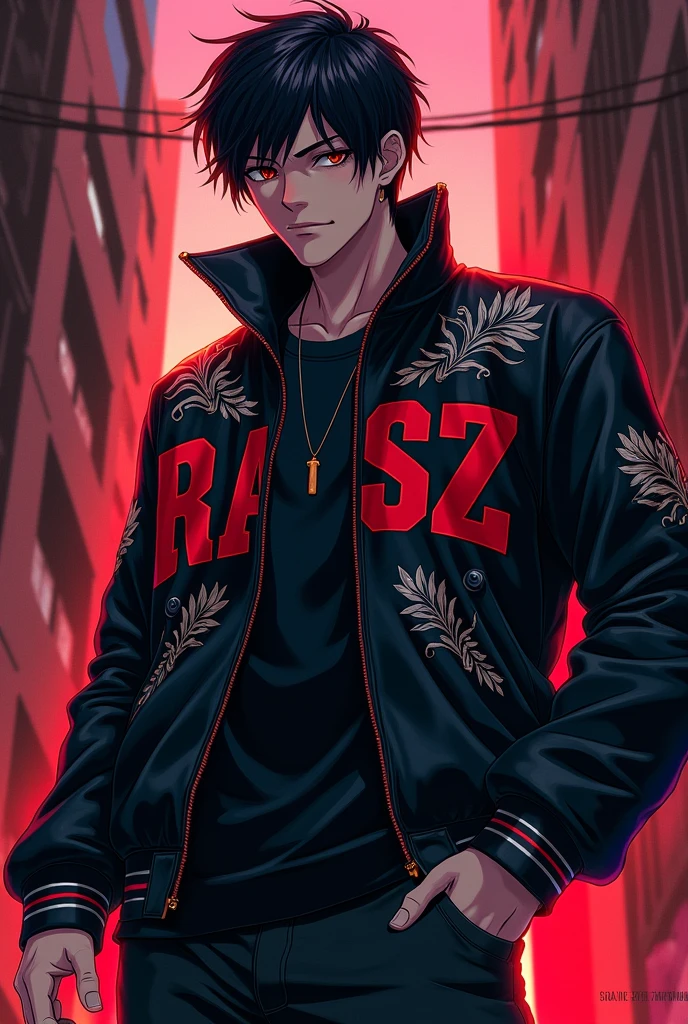 Anime young mafia boss wearing a jacket with ransz written on it