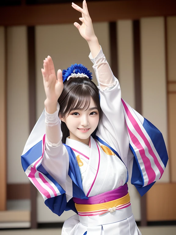 Photo-realistic quality、A 20-year-old Japanese woman dancing the Awa Odori dance、Traditional Bon Odori costumes based on white, White Arms、 White traditional costume, Japanese model, Cute playful pose of the dancer,  Beautiful images, Traditional Costume、looking at the camera、Detailed and beautiful eyes、Cute smile、A soft and gentle look