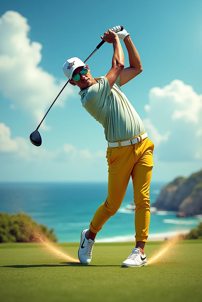 golf、Tee Grand、driver、Full swing、spark、Lefty、Downward Strike、You can see the ocean、male(Details)、clothing(Flashy)
