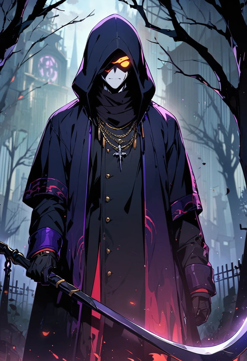 masterpiece, Highest quality, Very detailed, 2024 anime, Upper Body, Cool and handsome Grim Reaper standing in the darkness, Foggy Cemetery. He has some short silver hair, One eye is hidden by his bangs, He appears to be in his mid-20s. His eyes are a striking purple color. He is wearing a long black coat with a hood, Holding the Grim Reaper's Scythe. He gives off a dark yet powerful aura.. twisted trees, Enhances the mysterious and scary atmosphere