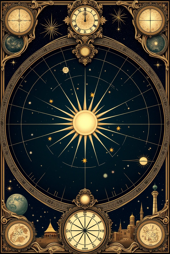 Create a star map illustration that represents the night sky on September 15, 2004. The design should be in a vintage, ornate style with intricate borders and celestial details, similar to a classical astronomical chart. Include a central bright star surrounded by various constellations and celestial bodies. 

Add decorative elements like small maps, constellations, and symbols around the border. The background should be dark with a starry sky and intricate illustrations of the zodiac and other celestial motifs

Readable font /square image 

Complete image without missing anything 

Don't make it look conjusted  
Pretty looking image with star work