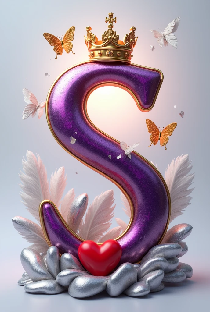 A 3d render of the a letter "S" in a purple and gold metallic font with golden British crowns above both letters and a white feather and butterfly, with a light shine behind the letter, and a silver swirl underneath. A red heart , The background is a light gray.