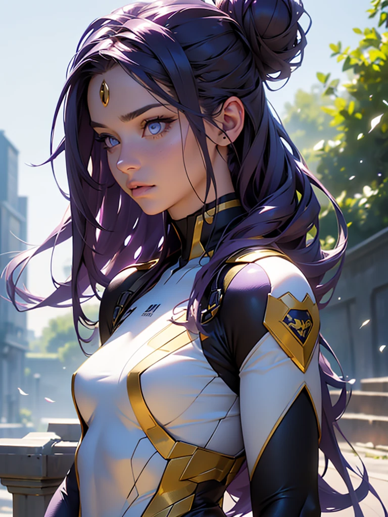 beautiful detailed eyes, beautiful detailed lips, extremely detailed eyes and face, long eyelashes, 1 girl, superhero costume, tight futuristic costume, long purple hair, gold hairpins, calm and reasonable expression, purple white black costume, heroes training field, full length, (best quality,4k,8k,highres,masterpiece:1.2),ultra-detailed,(realistic,photorealistic,photo-realistic:1.37),HDR,UHD,studio lighting,ultra-fine painting,sharp focus,physically-based rendering,extreme detail description,professional,vivid colors,bokeh,concept art. Full length. A girl warms up on a training ground. Training at the academy. Students around. Hair gathered in a bun at the back of the head. The girl is depicted in full growth. GOLDEN HAIRPINS. SHINING GOLDEN HAIRPINS. GIRL LOOKING AWAY