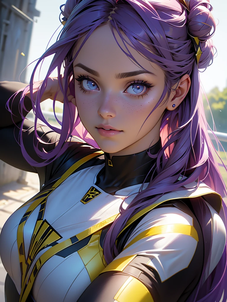 beautiful detailed eyes, beautiful detailed lips, extremely detailed eyes and face, long eyelashes, 1 girl, superhero costume, tight futuristic costume, long purple hair, gold hairpins, calm and reasonable expression, purple white black costume, heroes training field, full length, (best quality,4k,8k,highres,masterpiece:1.2),ultra-detailed,(realistic,photorealistic,photo-realistic:1.37),HDR,UHD,studio lighting,ultra-fine painting,sharp focus,physically-based rendering,extreme detail description,professional,vivid colors,bokeh,concept art. Full length. A girl warms up on a training ground. Training at the academy. Students around. Hair gathered in a bun at the back of the head. The girl is depicted in full growth. GOLDEN HAIRPINS. SHINING GOLDEN HAIRPINS. GIRL LOOKING AWAY 