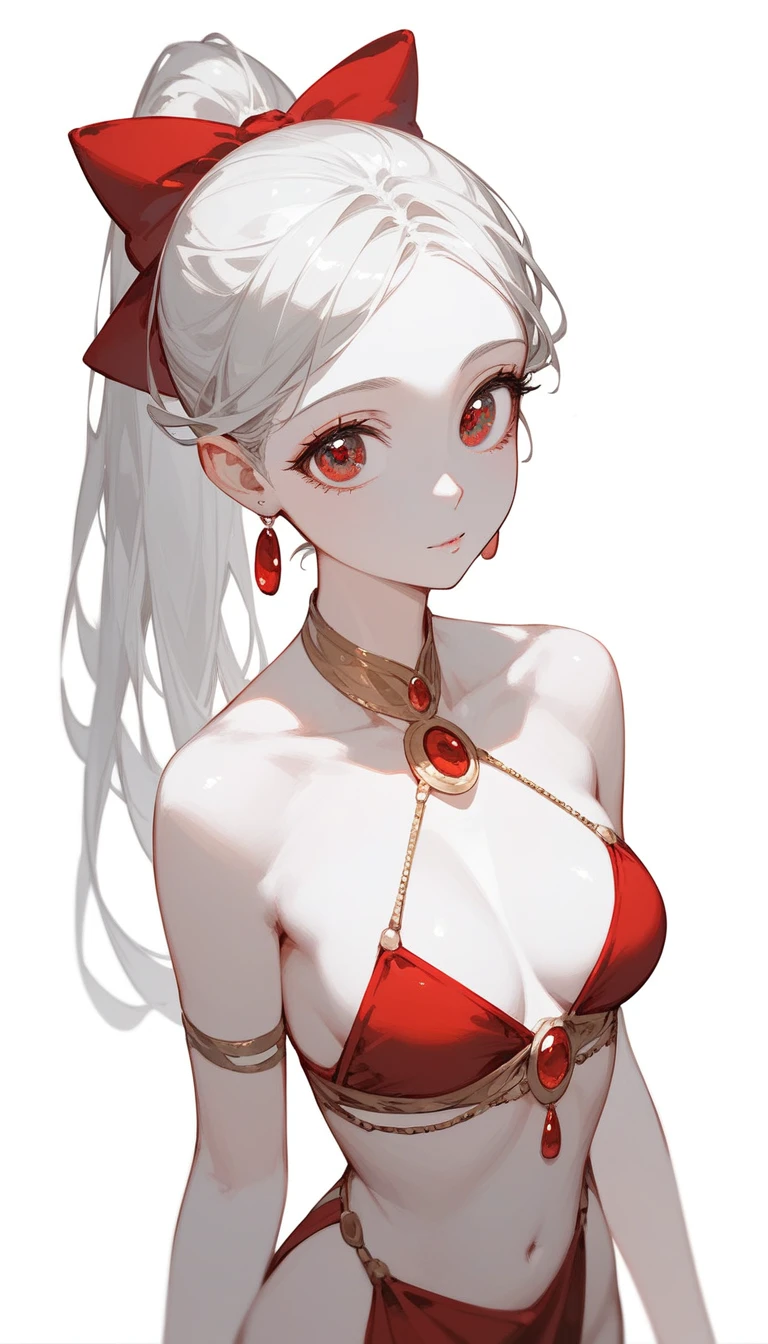 1 Girl, Solitary, ,,Beautiful woman, White high ponytail, White skin,Lively,Girl,healthy,perfect,Expedition Clothing,Convenient for activities,Expressive skills, permanent, White background, Simple background,big eyes,Red eyes,Lovely
