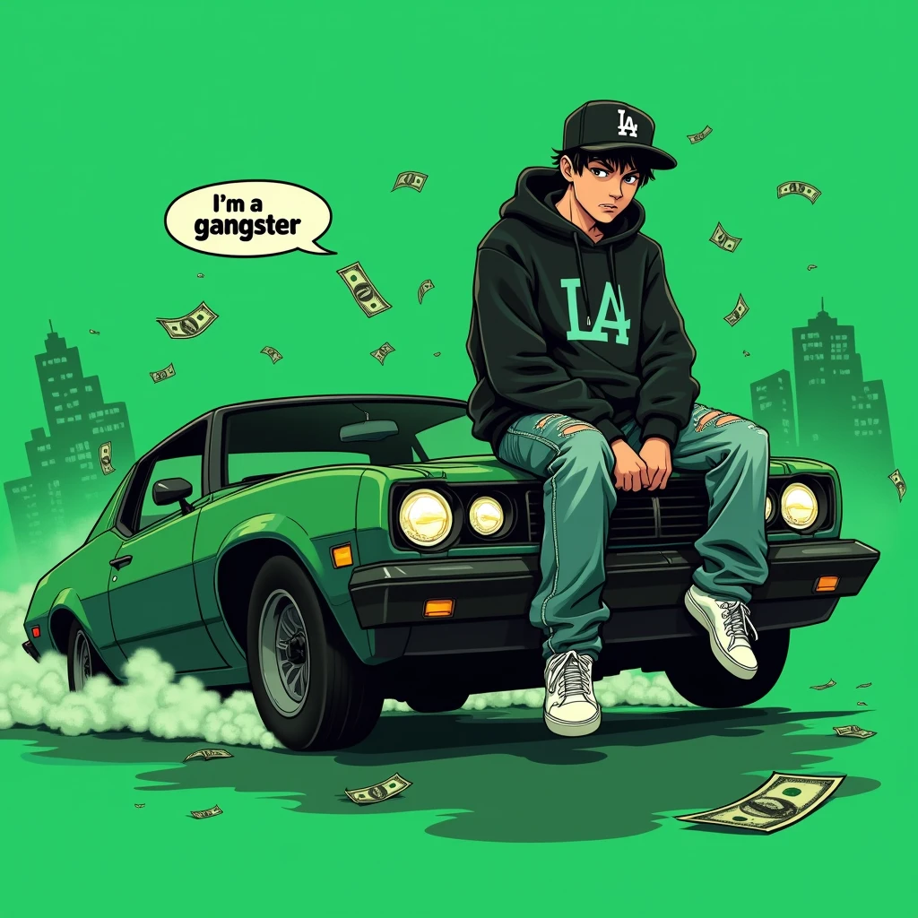 Image of a man sitting on the bonnet of a car, Yoshihiko Wada&#39;s album cover, winner of the behance contest, Doodle, official artwork, rap album cover, hip - hop album art cover, colored album art, hip hop music album cover, rap album cover art, official fanart, GTA Cover, hip hop album cover, album art cover, Cartoon character, oriental boy, Running car, Green background, green tea, Deep pressed black LA ball cap, white nike shoes, Black LA Hoodie, Baggy jeans worn down, black neighborhood, Skull, drug, The city seen from behind, korean, white smoke, Headlight light, Troublemakers, Bad boy, A lot of money flying around, Write I&#39;m a gangster like a character speech bubble, mischievous expression