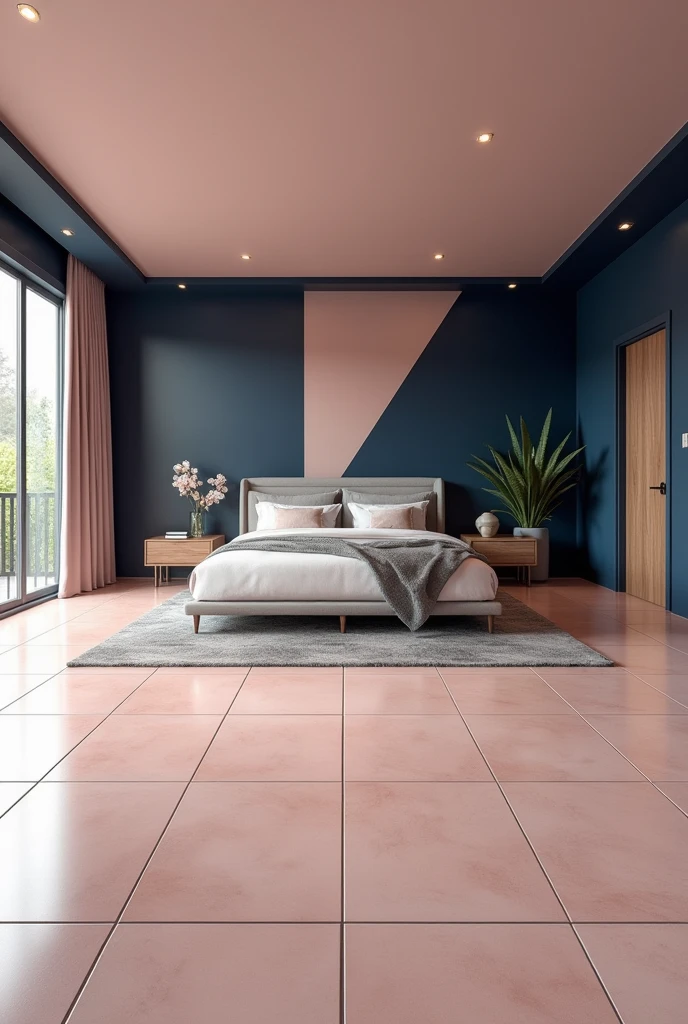 A room with light pink tiles and sky blue colour. The tiles are of 2*4 feet. Make room bigger and change the sky blue to navy blue with geometric pattern design in two colors, it's a bedroom.