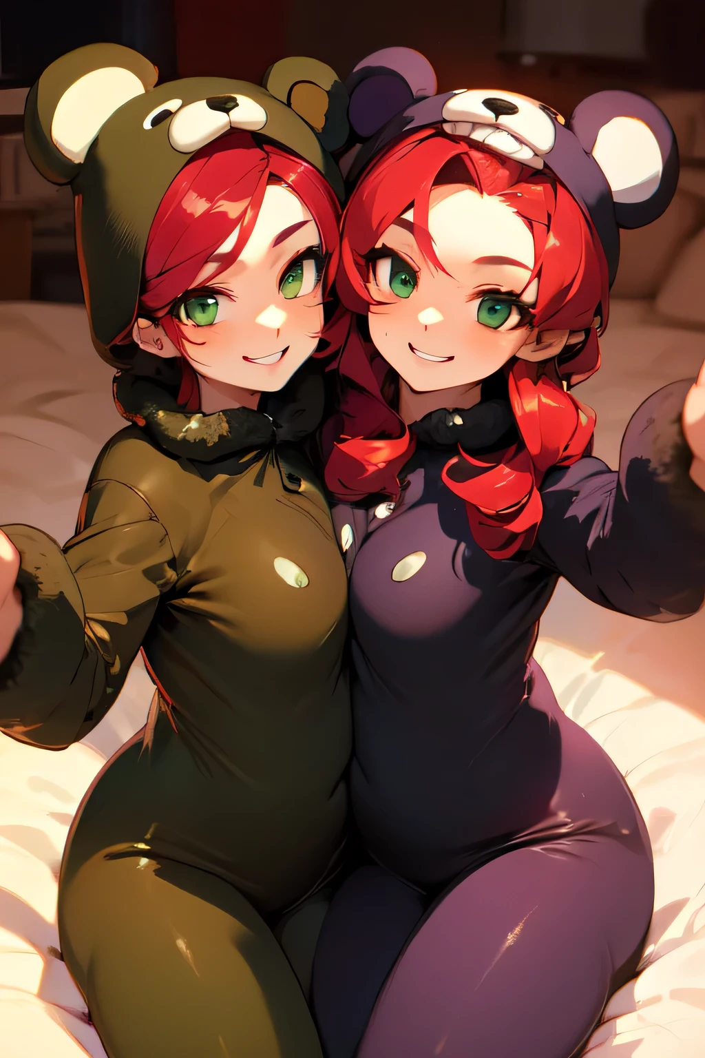 ((2 heads)), beautiful, (masterpiece), best quality, (extremely detailed face), extremely detailed eyes,  perfect lighting, OverallDetail, detailed, deep skin,textured skin, conjoined,
,bear costume ,black bear costume, long sleeves,mallow , 2 heads, long red hair, green eyes, big smile,on bed ,