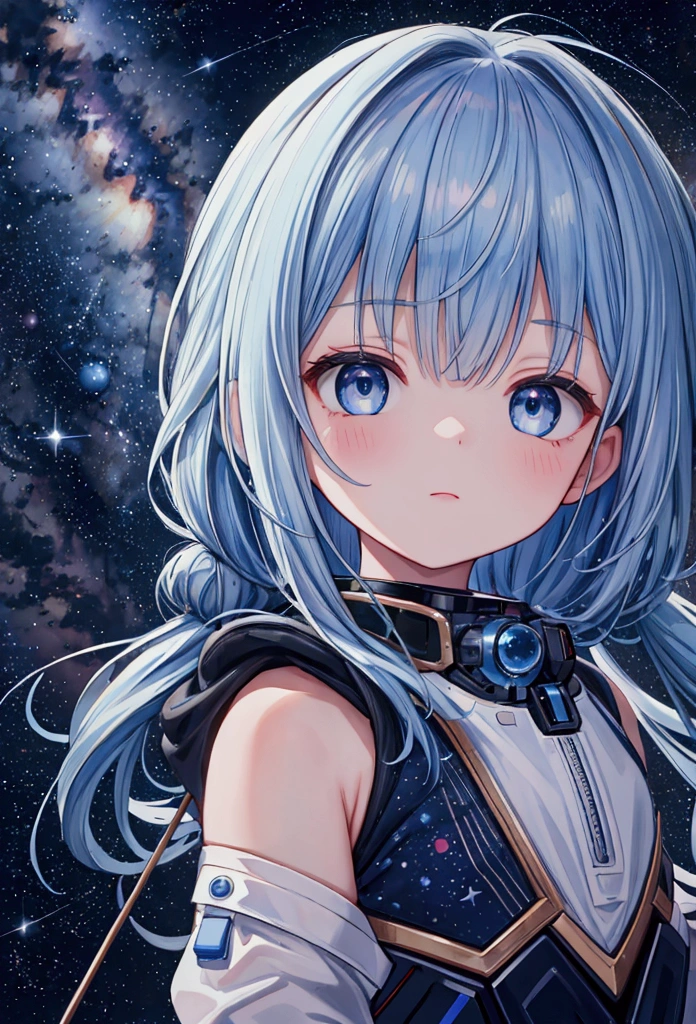 Highest quality, detailed, 4K, RAW Photos, masterpiece, detailed face,, performer, planet, Milky Way, space,, a photo of アニセマー flying in space, Blue Hair, bangs, Long Hair, View your viewers,