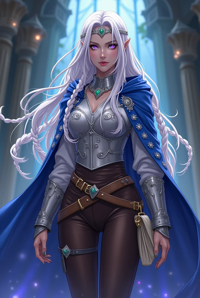 Lavender eyes. Magician People Woman, with long braided white hair.  Blue cape decorated with silver embroidery and a detached hood. White blouse, silver breastplate and brown pants and boots. Silver collar with emerald and silver headband with emerald Brown belt with cream colored bag Manga style