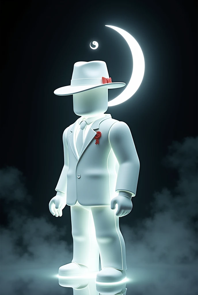 A man wears, white fedora hat with red small ribbon on the side of the hat, white glove, white suit, white glowing face, faceless, yin and yang symbol on behind above the moon, roblox, right view, void head
