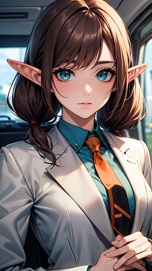 ((masterpiece)), ((best quality)), perfect detailed eyes, perfect detailed face, brown hair, pigtails, elf, long pointy ears, aqua eyes, Suit style, (orange tie), (light grey suit), On the way to work, Career woman