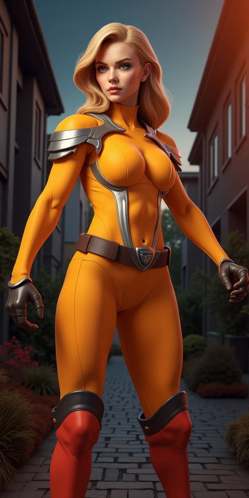  a young lady,displaying her own power.((protector,fighter,ancient,murder,bravery)),((orange,yellow,red)),(( Full figure wiew)). ((Three quarter wiew)),((deep wiew)),modern suburbs scenario background,photographic,ultra high resolution,hyperdetailed, masterpiece, 3d modelling, digital art.