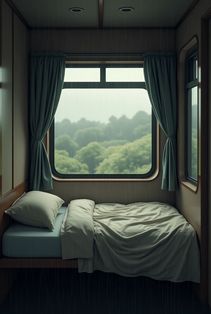 A normal empty bed in a train with rain