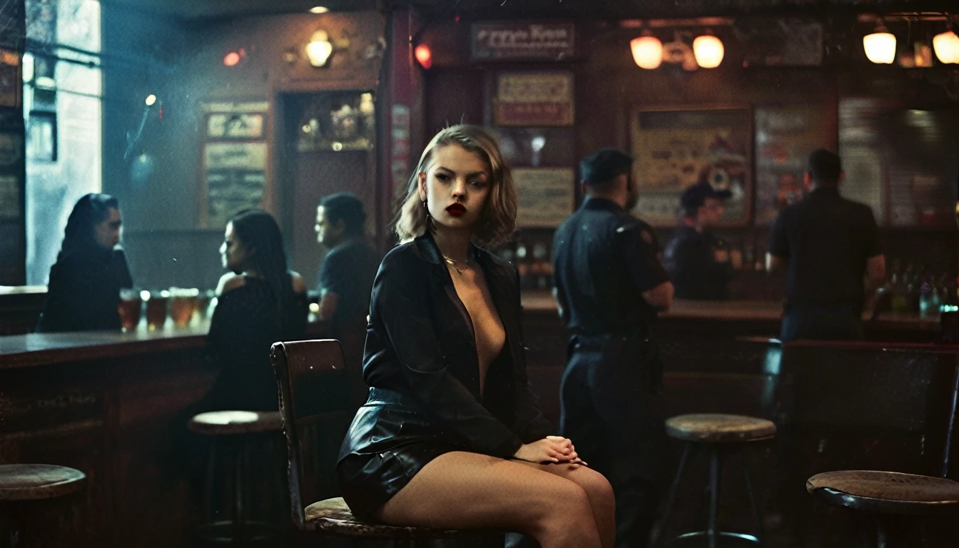 Single Mastermind young lady sitting on chair of a bar, very short skirt, crossed legs,very sensual and femenine, a lots of gangster bodyguards standing behind
