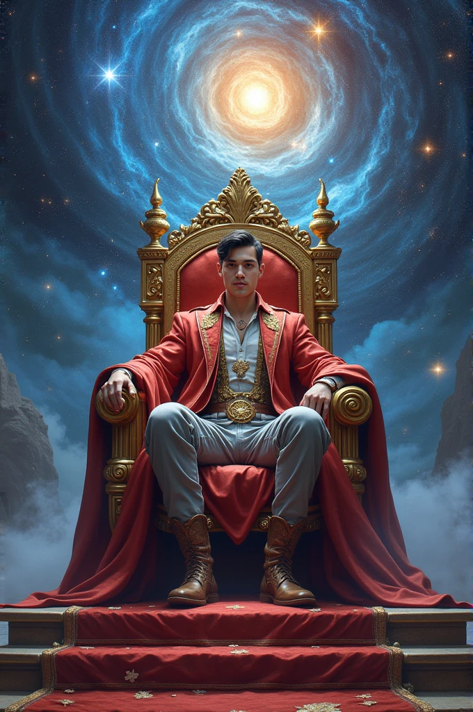 A young man sits on a throne, looking proud, amidst the stars.