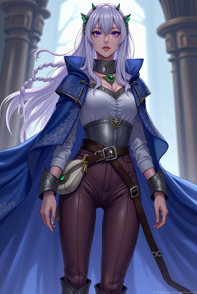 Lavender eyes. Magician People Woman, with long braided white hair.  Blue cape decorated with silver embroidery and a detached hood. White blouse, silver breastplate and brown pants and boots. Silver collar with emerald and silver headband with emerald Brown belt with cream colored bag Manga style