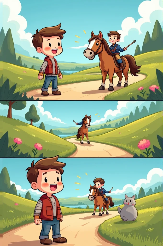 On the road, Hans meets a rider on a horse and envies his ease. Hans exchanges gold for a horse, joyful and proud.
Draw a Chibi Comic for Kids