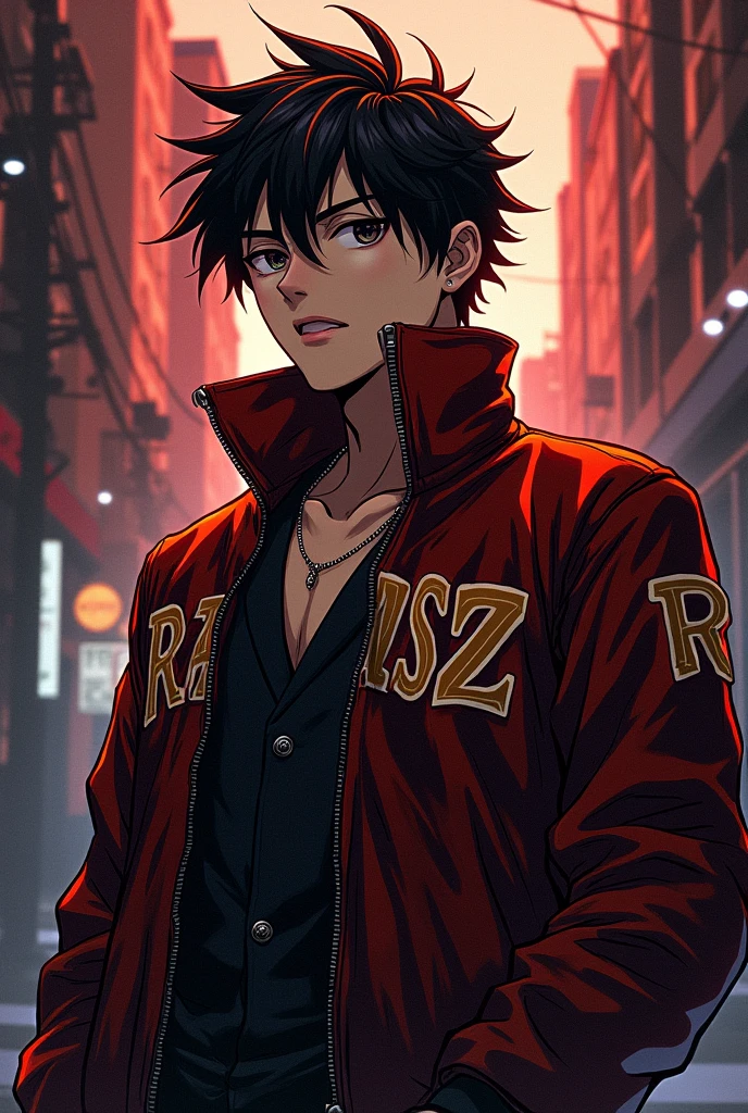 Anime young mafia boss wearing a jacket with ransz written on it