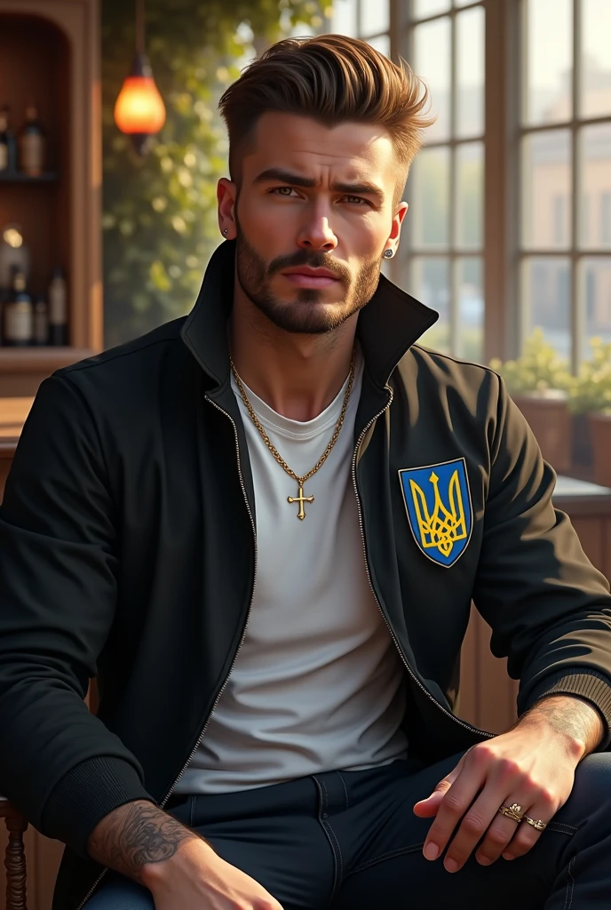 (photorealism:1.2), beautiful man, sitting on chair, wearing balck jacket with ukranian coat of arms, white t-shirt, hairstyle like David Beckham in 2016, outdoors, soft lighting, georgian bar background, sunlight, relaxed pose, realistic, intricate details, warm colors, by Greg Rutkowski, by Alphonse Mucha. без татуировок