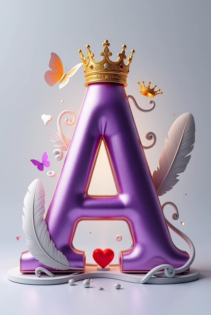 A 3d render of the a letter "A" in a purple and gold metallic font with golden British crowns above both letters and a white feather and butterfly, with a light shine behind the letter, and a silver swirl underneath. A red heart , The background is a light gray.