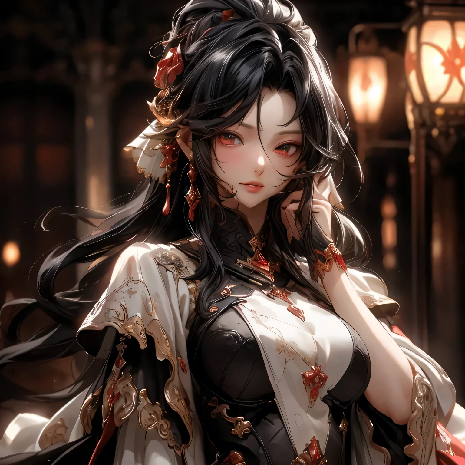 (best quality)), ((Masterpiece)), (details:1.4), 3d, HDR (high dynamic range), an image of a beautiful cyberpunk female, Black hair, Long hair, Sleek style, Golden eyes, hips up, จมูกโด่ง, ปากแดง, หน้าอกใหญ่, nvidia RTX, PBR surface, After processing, Anisotropic filtration,depth of field, Maximum clarity and clarity, multi-layered surface, Subsurface scattering, perfect proportions, 8K raw files, ultra detailed, Perfect proportions, volumetric lighting, soft lighting, Holy Knight, Heavy red Armor, glossy skin, castle background, jewely, ต่างหู, นิ้วมือสมบูรณ์,