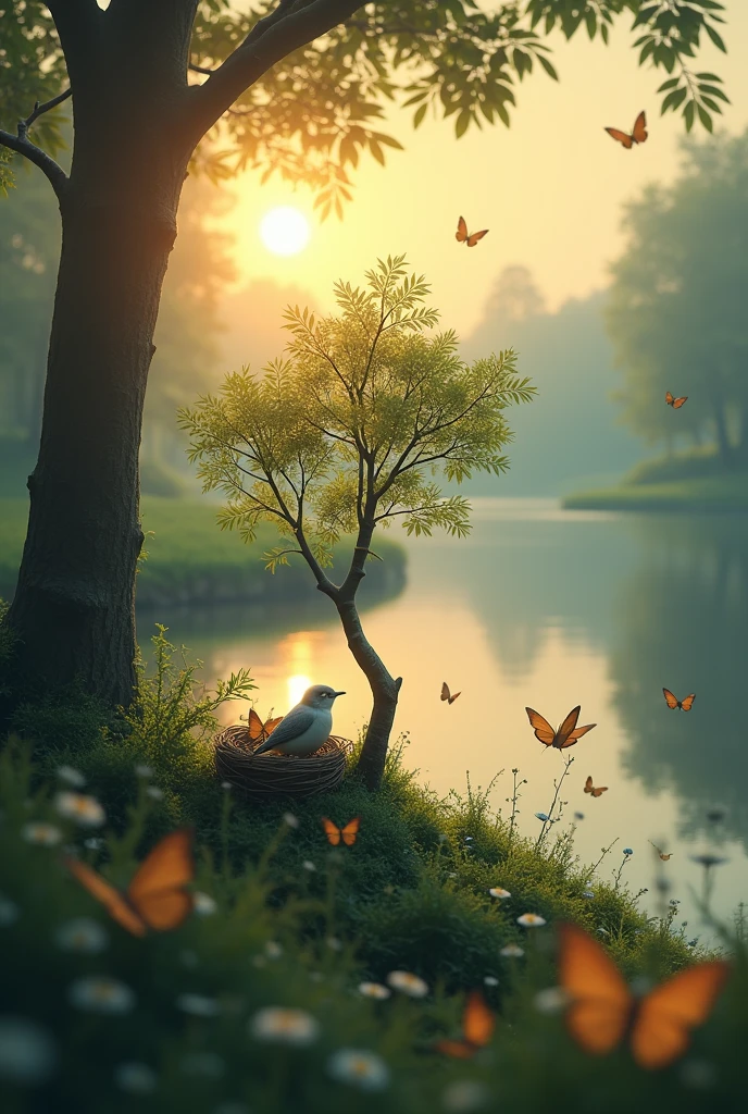 Tree small birds in the open nest,nest live on the small tree, tree positioning in the forest with side of lake and sunrise with in the sky butterfly flying.watch this image look like far distance image always looking very small 