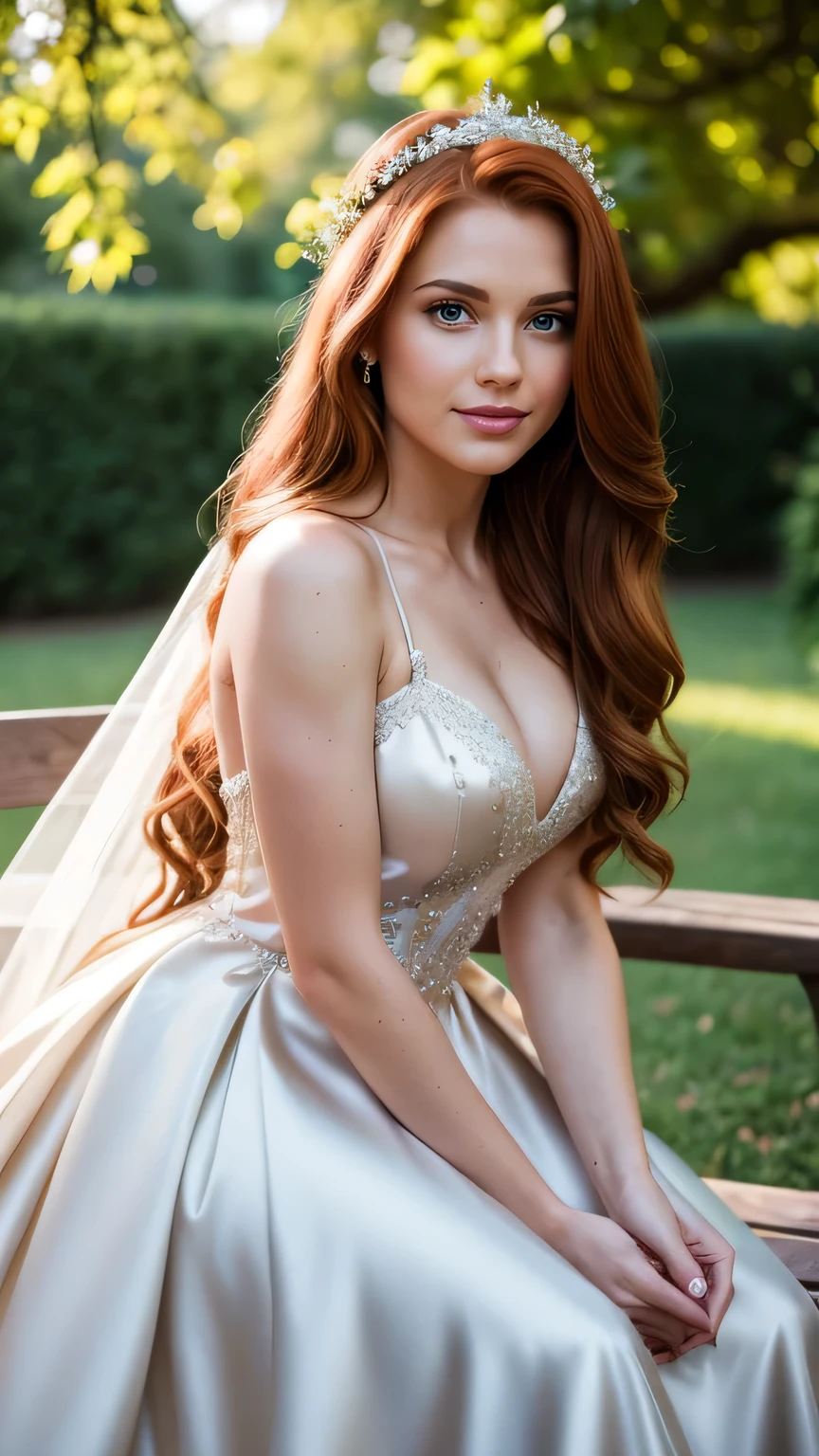 Realistic full body photo of a smiling redhead princess with long hair, She dances in front of the camera in a long A-line princess dress with straps made of shiny satin., Park,glamour fotoshooting, Wedding celebration, perfect anatomy, perfect green eyes. Perfect hands with 5 fingers on each hand, Matching girl, look into the camera, 1 Frau. (Eye make up:1.1), (highly detailed skin:1.1), spirit, analog style, keen focus, 8K  UHD, dslr, good quality, Fujifilm XT3, Grain, Award-winning, ​masterpiece. Wedding celebration. She sits on a bench and shows her beautiful long dress. Beautiful shoes